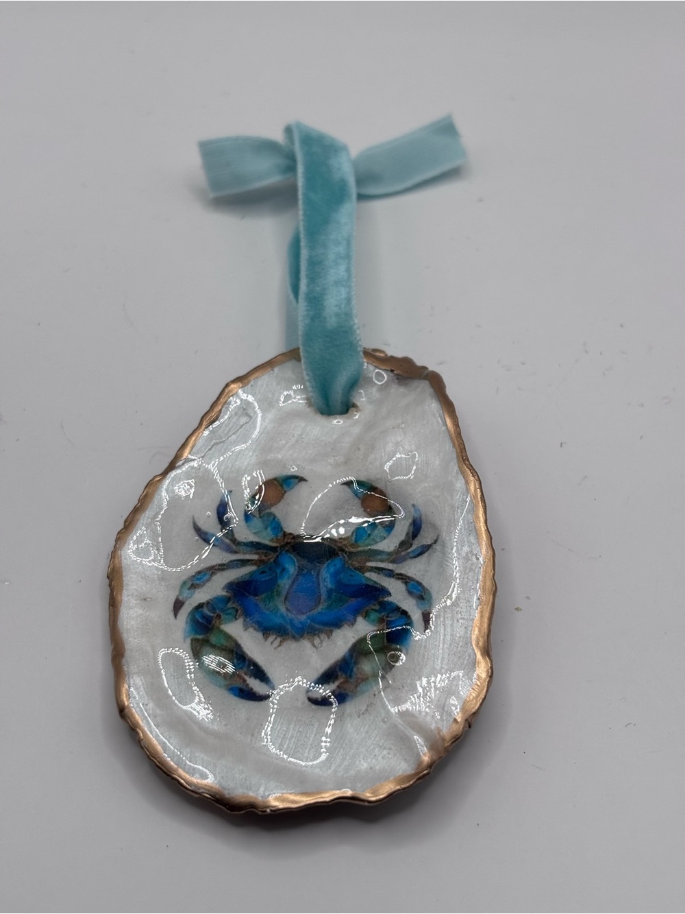 Coastal Blue Crab Oyster Shell Ornament with Velvet Ribbon - Picture 4 of 4